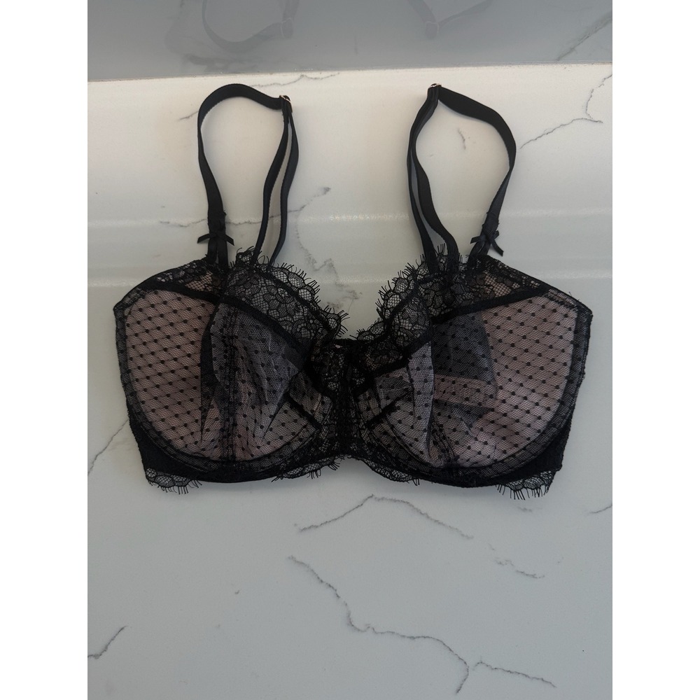 Victoria's Secret Dream Angels Bra Womens 32DD Black Lace Polka Dot Push Up Mesh
